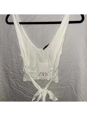Zara White Ribbed Crop Top with Tie Size Large